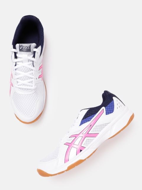 

ASICS Women White & Navy Blue Woven Design Upcourt 3 Volleyball Shoes