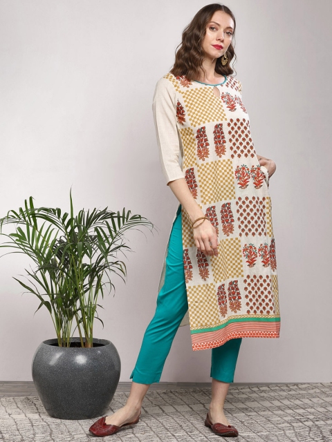 

Sangria Women Off-White & Blue Printed Kurta With Trousers