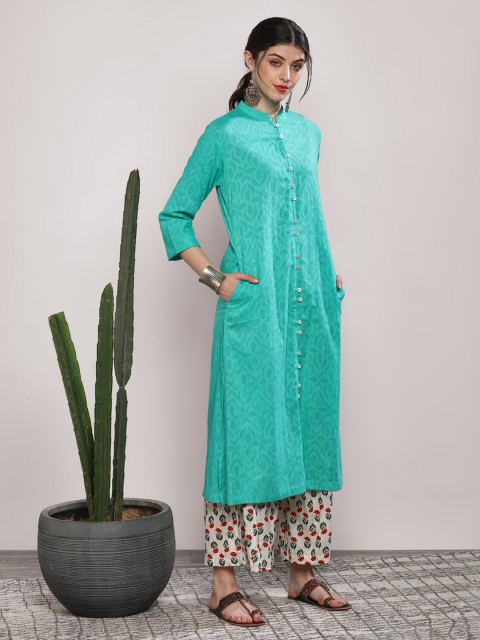 

Sangria Women Turquoise Blue & Off-White Printed Kurta with Palazzos