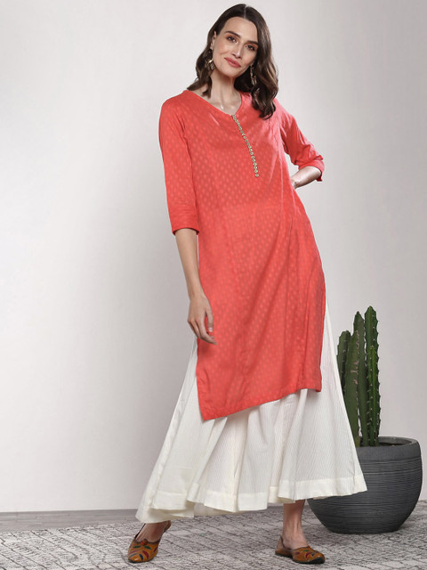 

Sangria Women Coral Red & White Self Design Kurta with Palazzos