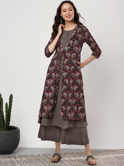 

Sangria Women Maroon & Taupe Kalamkari Printed Layered Kurta with Palazzos