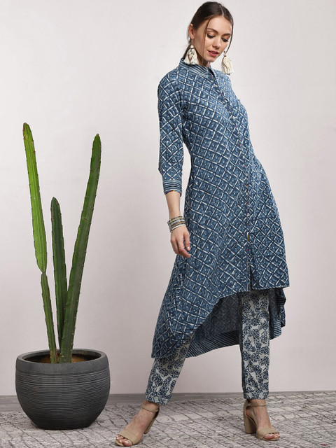 

Sangria Women Blue & White Printed Kurta with Trousers
