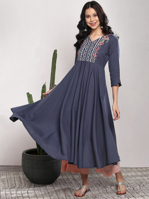 

Sangria Women Navy Blue & Pink Embroidered Kurta with Palazzos