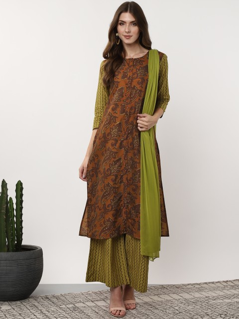 

Sangria Women Brown & Olive Green Printed Kurta with Palazzos & Dupatta
