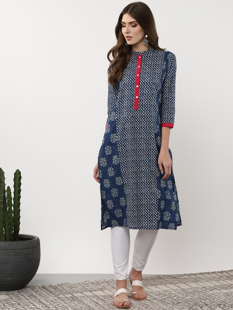 

Sangria Women Navy Blue & Off-White Printed Straight Kurta