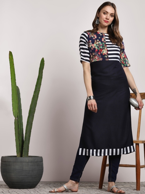 

Sangria Women Navy Blue & White Printed Straight Kurta