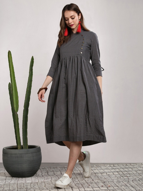 

Sangria Women Charcoal Grey & White Striped A-Line Dress