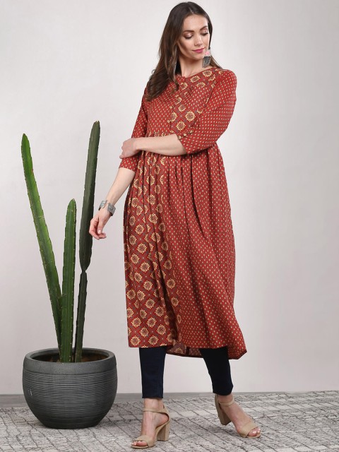 

Sangria Women Rust Red & Beige Printed A-Line Kurta