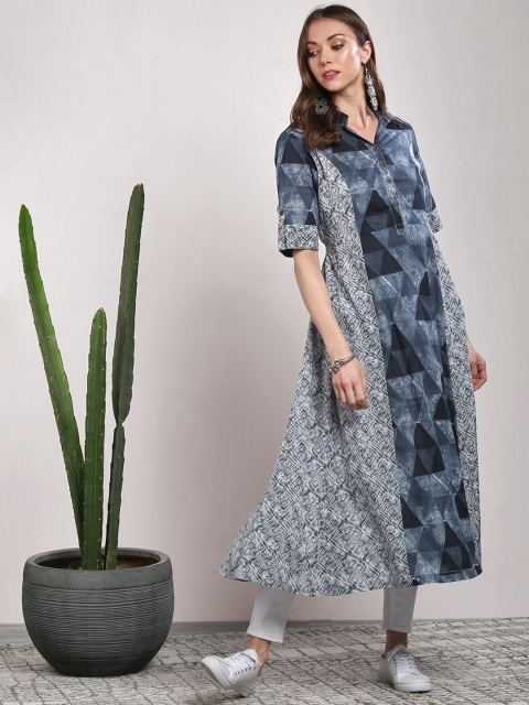 

Sangria Women Grey & Navy Blue Printed A-Line Kurta