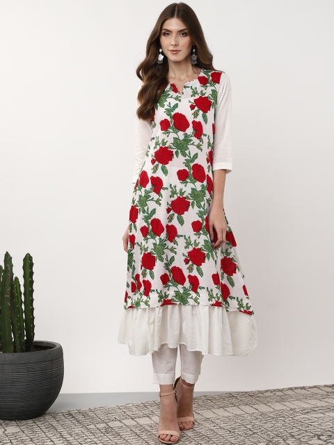 

Sangria Women White & Red Floral Printed A-Line Kurta