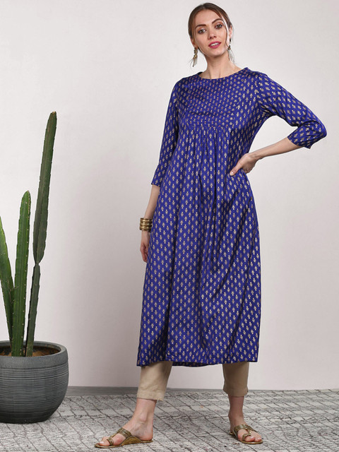 

Sangria Women Blue & Gold-Toned Printed Straight Kurta