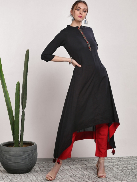 

Sangria Women Black Solid A-Line Kurta with Asymmetric Hem