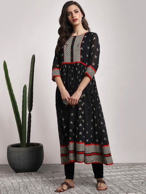 

Sangria Women Printed Round Neck Printed Circular Anarkali Kurta, Black