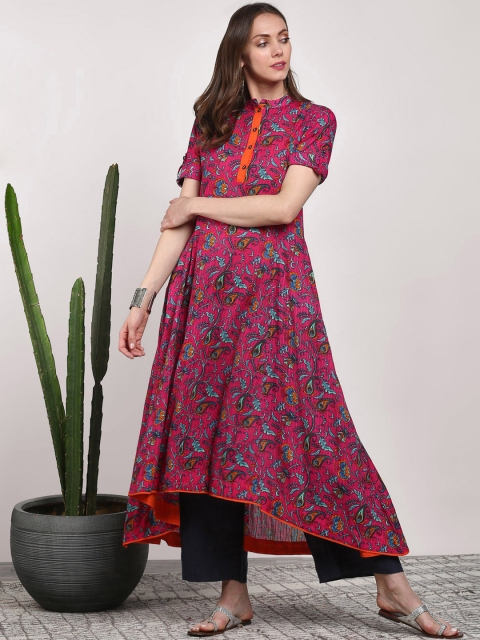 

Sangria Women Pink Floral Printed A-Line High-Low Kurta