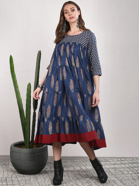 

Sangria Women Navy Blue Printed A-Line Dress