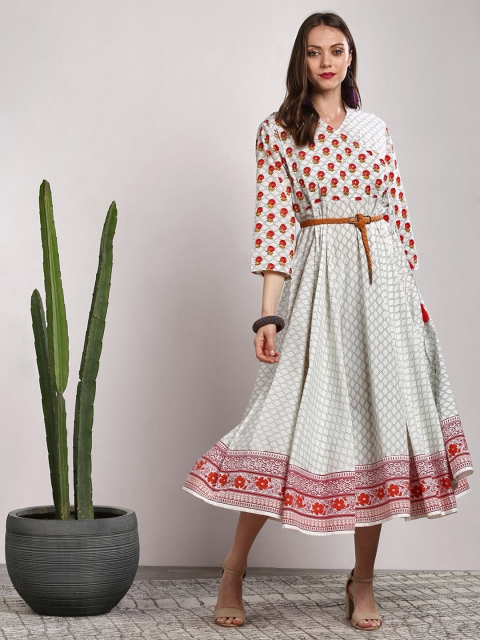 

Sangria Women Off-White Ethnic Print A-Line Dress