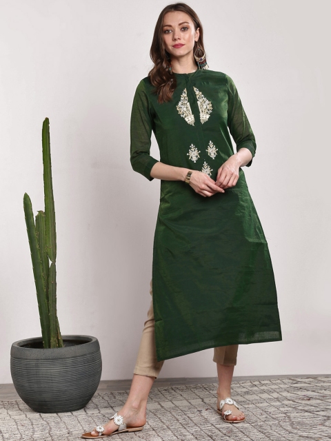 

Sangria Women Green Embroidered Straight Kurta
