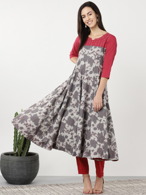 

Sangria Women Grey & Red Floral Printed Anarkali Kurta