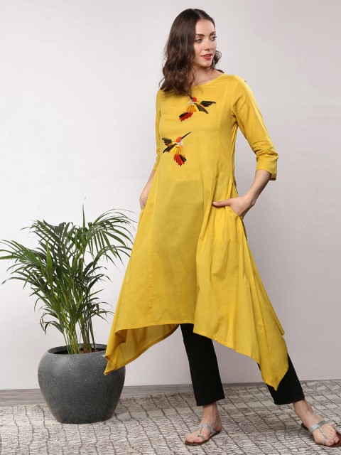 

Sangria Women Yellow Embroidered Asymmetric A-Line Kurta