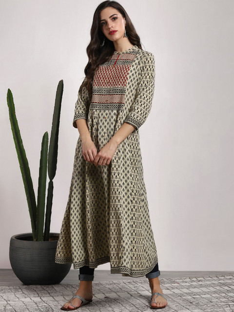 

Sangria Women Beige & Black Block Printed Mandarin Collar A-Line Kurta