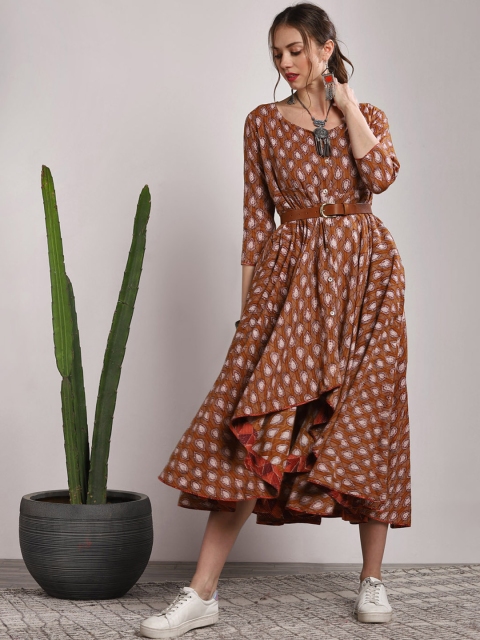 

Sangria Women Rust Brown Printed A-Line Asymmetric Kurta
