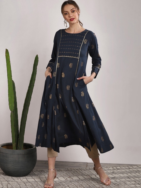 

Sangria Women Navy Blue Printed Straight Kurta