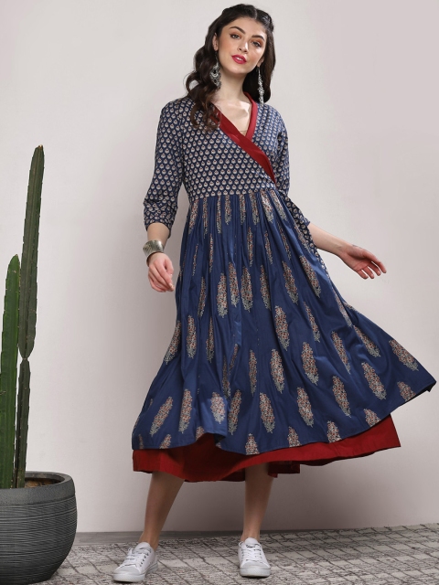 

Sangria Women Navy Blue Printed A-Line Ethnic Dress