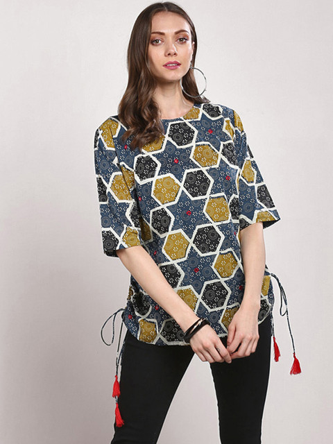 

Sangria Women Blue & Green Printed Pure Cotton Top