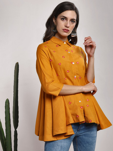 

Sangria Women Mustard Regular Fit Self Design Casual Shirt