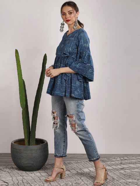 

Sangria Women Blue Printed Pure Cotton Top