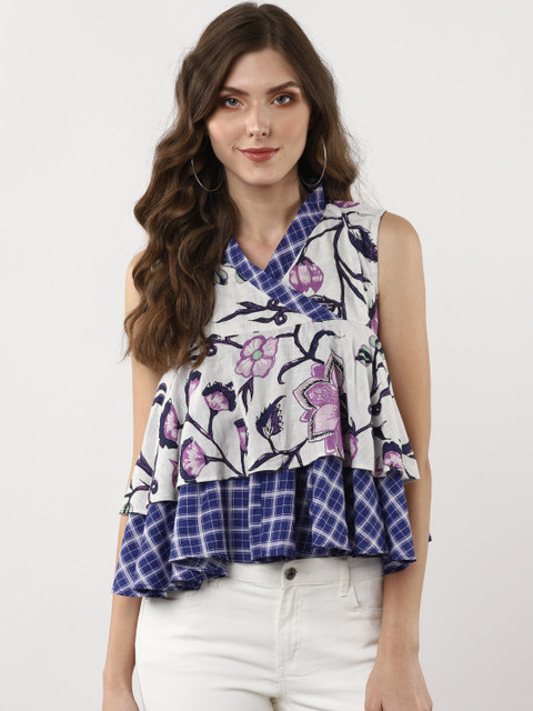 

Sangria Women Navy & Off-White Striped High-Low Pure Cotton Top, Navy blue