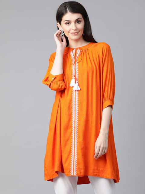 

Sangria Women Orange Yarn Dyed Embroidered Detail Tunic