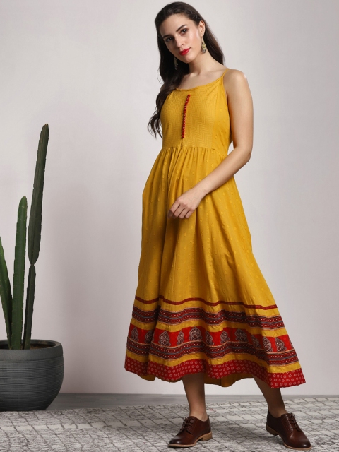 

Sangria Womne Mustard Yellow Printed Fit and Flare Dress