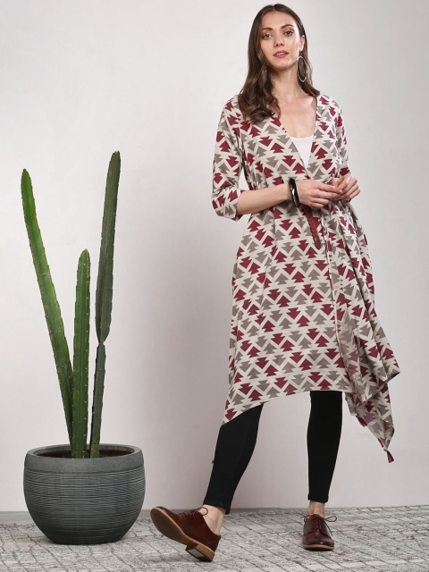 

Sangria Off-White & Maroon Indie Block Printed Open Front Shrug