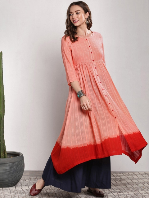 

Sangria Women Peach-Coloured & Navy Blue Self-Striped Kurta with Palazzos & Scarf