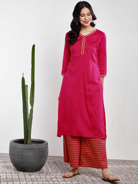 

Sangria Women Fuchsia Pink & Red Solid Kurta with Palazzos & Dupatta