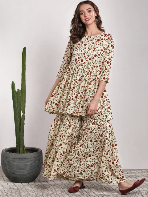

Sangria Women Beige & Red Printed Kurti with Sharara