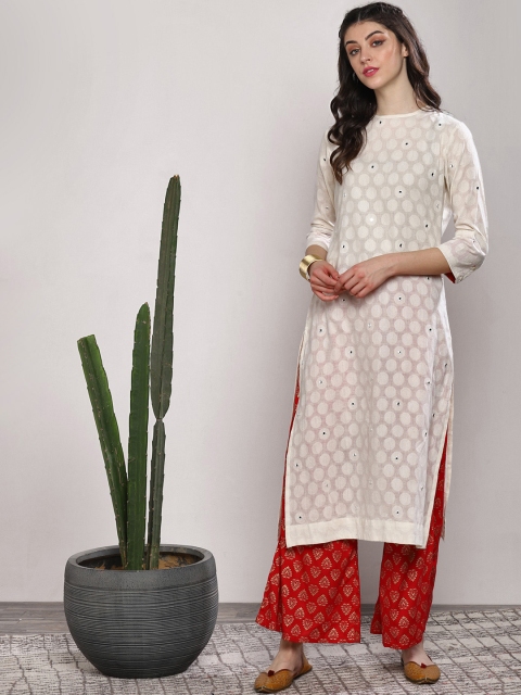 

Sangria Women Off-White & Orange Printed Kurta with Palazzos