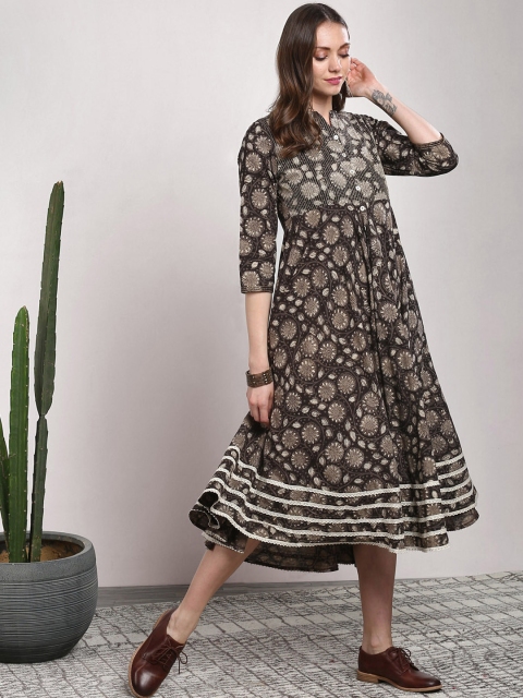 

Sangria Women Brown Handblock Kalamkari Printed A-Line Midi Dress