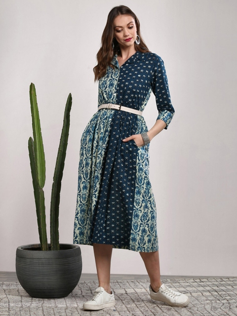 

Sangria Women Blue Printed A-Line Ethnic Dress