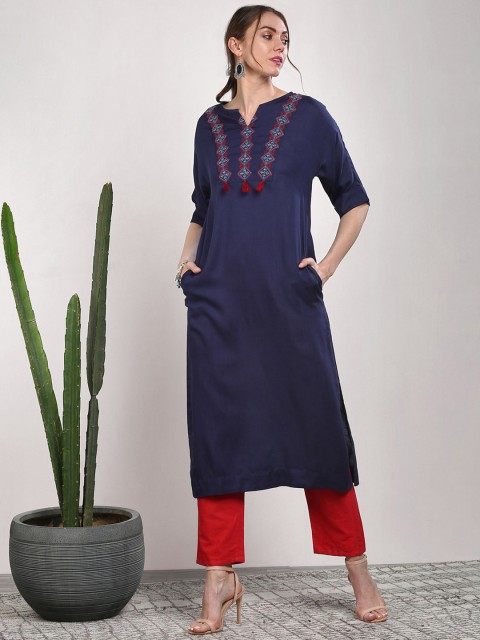 

Sangria Women Navy Yoke Design Straight Kurta, Navy blue