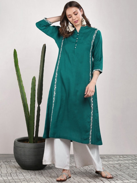 

Sangria Women Teal Blue Embroidered Straight Kurta