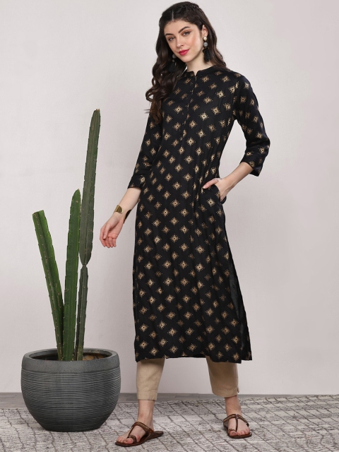 

Sangria Women Black Printed Straight Kurta