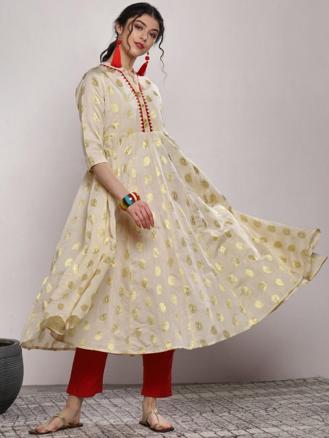 

Sangria Women Off-White & Gold-Coloured Printed A-Line Kurta