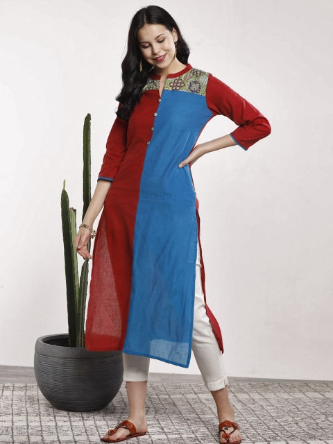 

Sangria Women Maroon & Blue Colourblocked Straight Kurta