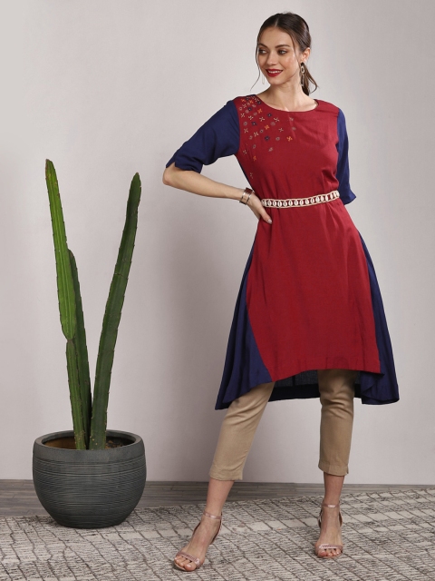 

Sangria Women Red Embroidered Asymmetric Straight Kurta
