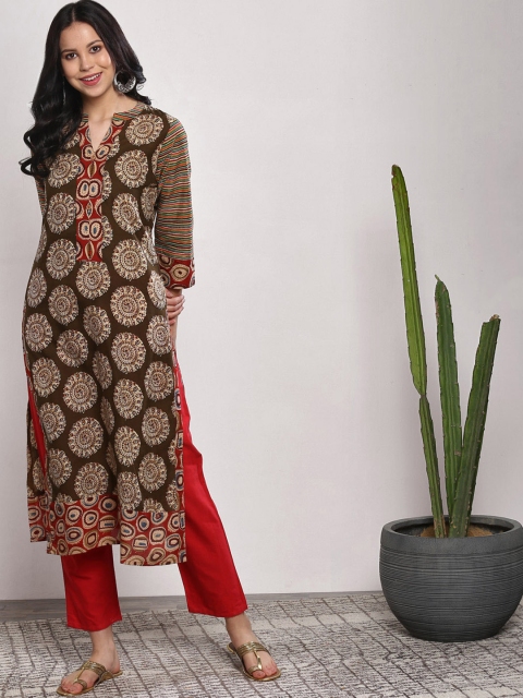 

Sangria Women Olive Green & Beige Printed Straight Kurta