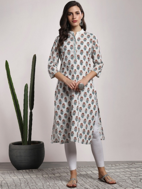 

Sangria Women Off-White & Rust Red Floral Printed Straight Kurta