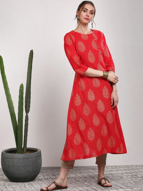 

Sangria Women Orange & Gold-Coloured Printed Straight Kurta