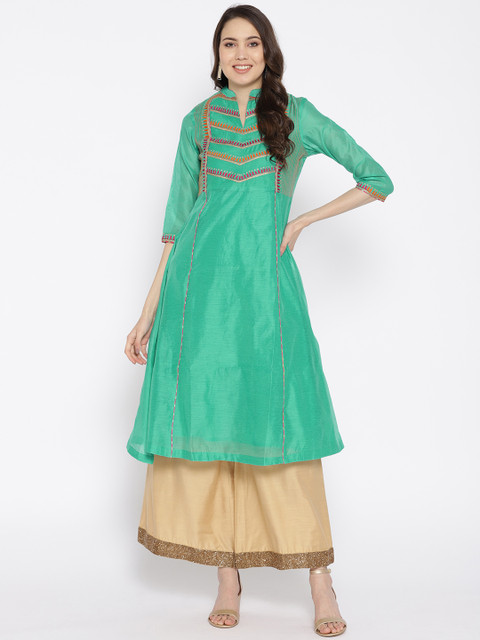 

Sangria Women Green Chanderi Embroidered Yoke Design A-Line Kurta